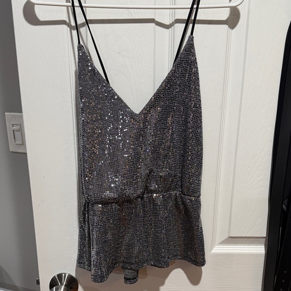Express Tops - Express Gunmetal Sequin V-Neck Spaghetti Strap Camisole